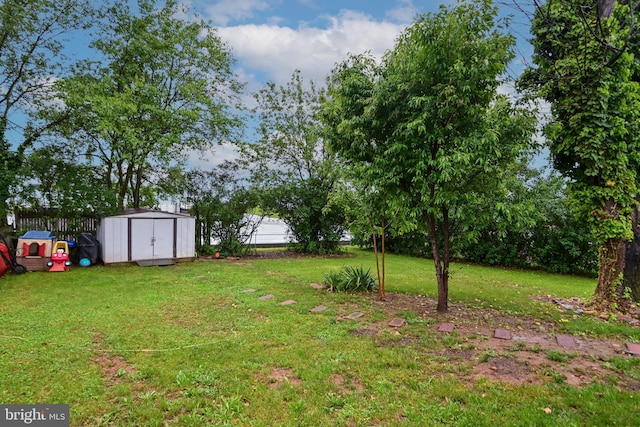 view of yard featuring a shed and an outdoor structure