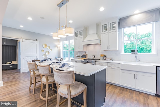 kitchen featuring a barn door, appliances with stainless steel finishes, decorative light fixtures, a kitchen island, and custom range hood