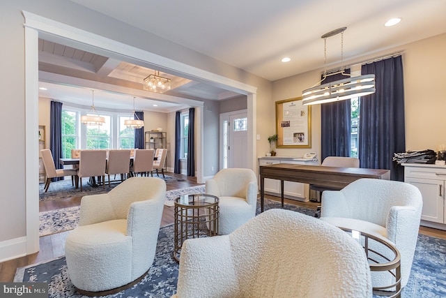 living room with beam ceiling and wood-type flooring