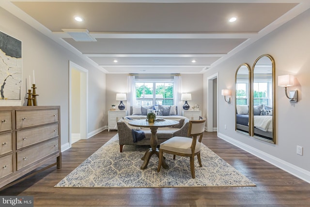 dining area with beam ceiling and dark hardwood / wood-style flooring