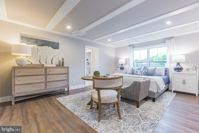 bedroom featuring beamed ceiling, dark wood-type flooring, and ornamental molding