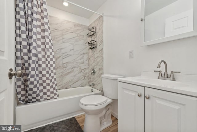 full bathroom with vanity, toilet, and shower / bathtub combination with curtain