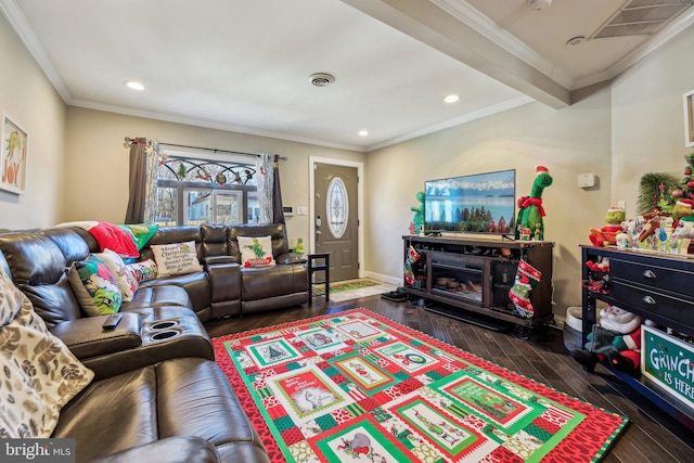 living room featuring beam ceiling, dark hardwood / wood-style floors, and ornamental molding