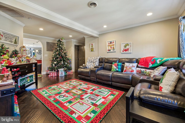 living room featuring dark wood-type flooring and ornamental molding