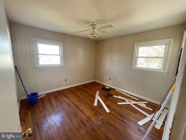 spare room with ceiling fan and dark hardwood / wood-style flooring