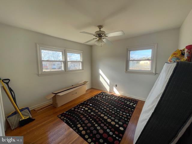 interior space with hardwood / wood-style flooring, ceiling fan, and a wealth of natural light