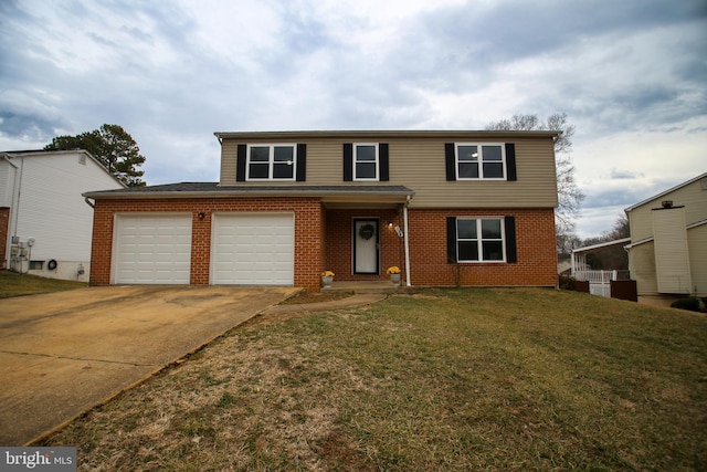 traditional-style house with a garage, concrete driveway, brick siding, and a front yard