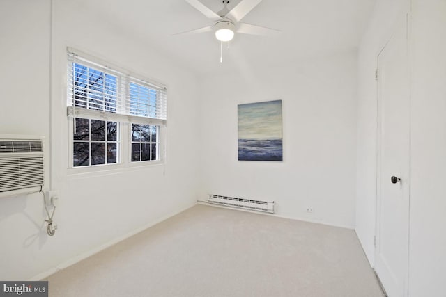 empty room featuring carpet, an AC wall unit, baseboard heating, and ceiling fan