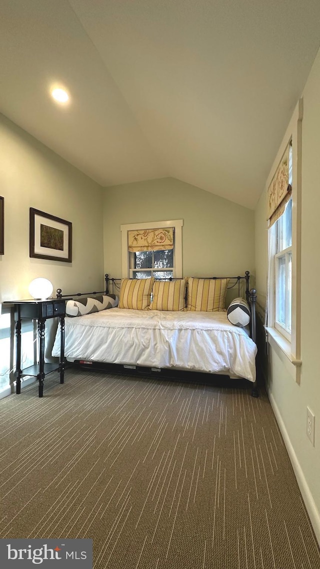 unfurnished bedroom with carpet and lofted ceiling