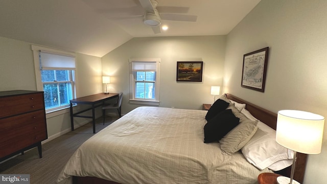 bedroom with ceiling fan and vaulted ceiling