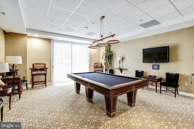 game room featuring a paneled ceiling, a raised ceiling, and billiards