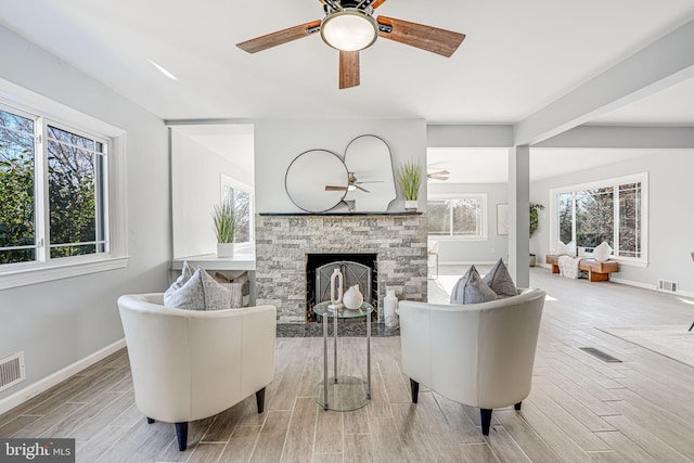 living room with a fireplace