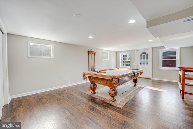 playroom featuring dark hardwood / wood-style floors and pool table