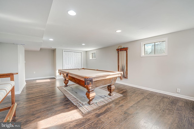 game room with dark hardwood / wood-style floors and pool table