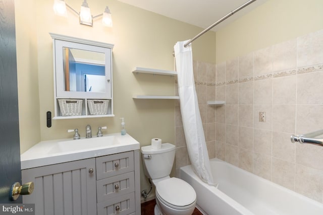 full bathroom with vanity, toilet, and shower / bath combo with shower curtain