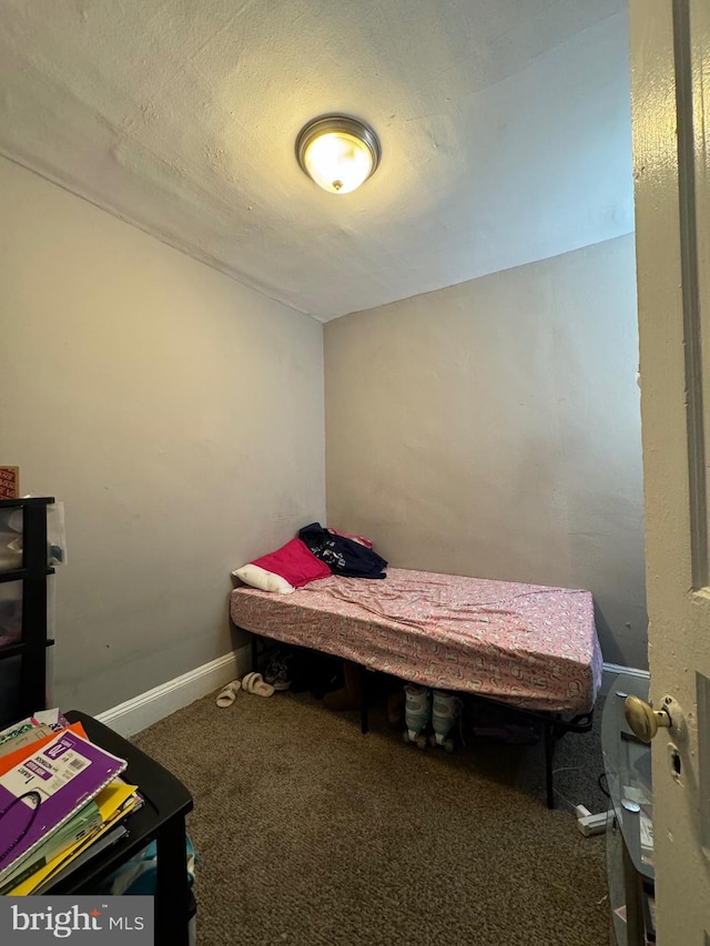 carpeted bedroom with a textured ceiling