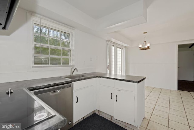 kitchen with white cabinetry, sink, stainless steel dishwasher, kitchen peninsula, and pendant lighting