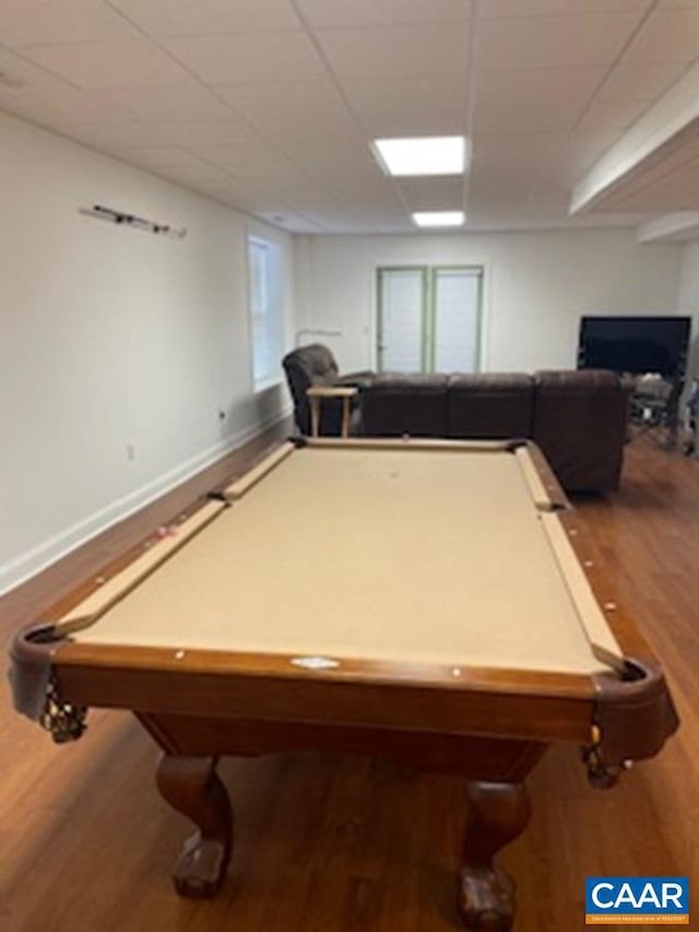 recreation room featuring wood-type flooring and pool table