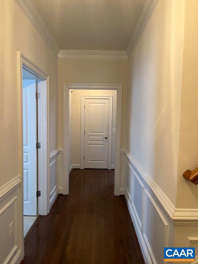 hallway with crown molding and dark hardwood / wood-style floors