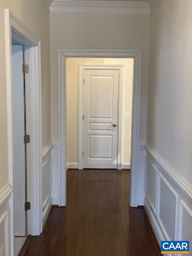 corridor featuring dark hardwood / wood-style floors and ornamental molding