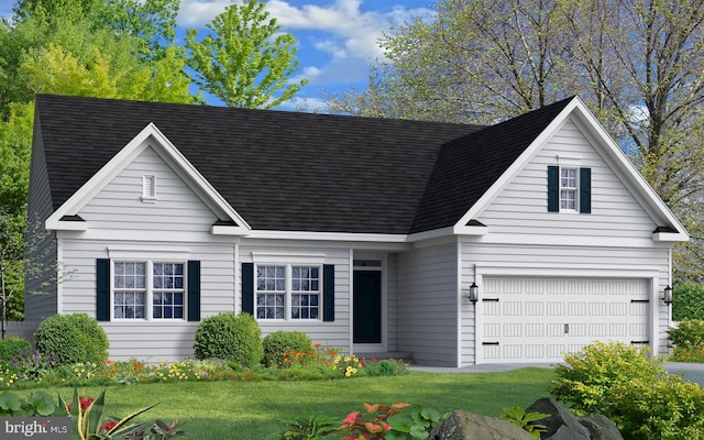 view of front of home with a front yard and a garage