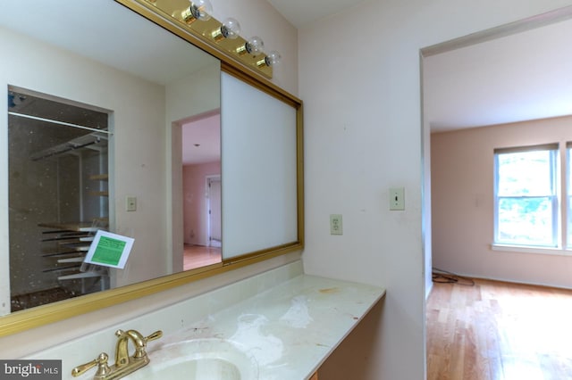 bathroom featuring hardwood / wood-style floors and vanity