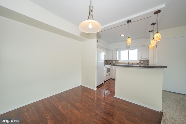 kitchen with pendant lighting, white appliances, white cabinets, decorative backsplash, and dark hardwood / wood-style floors