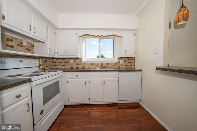 kitchen with backsplash, white cabinetry, sink, and white appliances