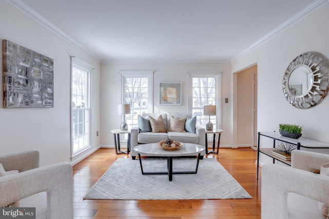 living room with ornamental molding and light wood-type flooring