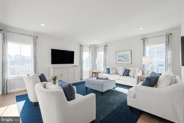 living room with plenty of natural light and hardwood / wood-style floors