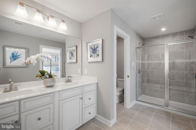 bathroom with tile patterned floors, vanity, toilet, and a shower with door