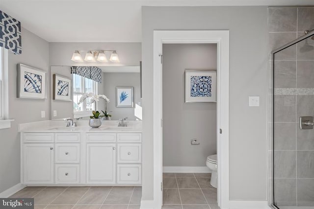 bathroom featuring tile patterned floors, walk in shower, vanity, and toilet