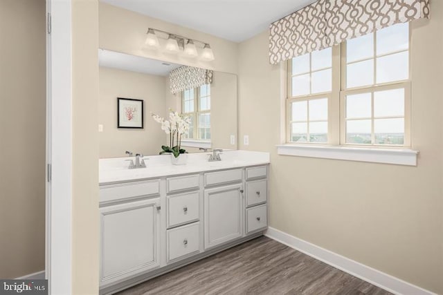 bathroom with hardwood / wood-style floors and vanity