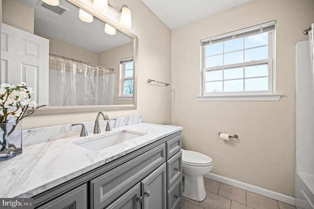 bathroom with tile patterned floors, vanity, a shower with shower curtain, and toilet