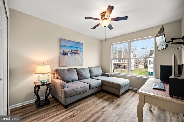 living room featuring hardwood / wood-style flooring and ceiling fan