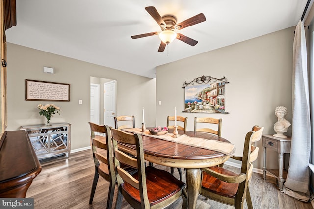 dining space featuring wood-type flooring and ceiling fan