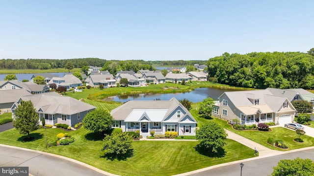 aerial view featuring a water view