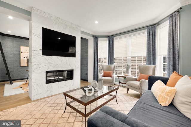 living room featuring a fireplace, light hardwood / wood-style floors, and ornamental molding