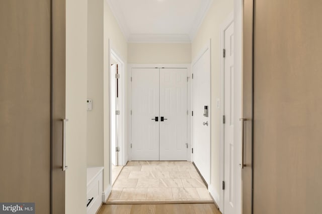 hallway with light hardwood / wood-style floors and ornamental molding