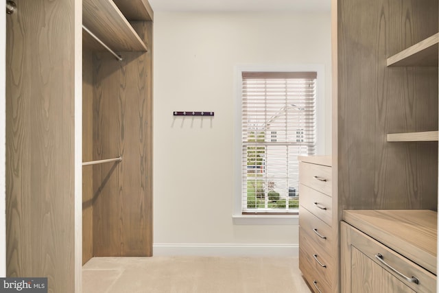 walk in closet featuring light colored carpet