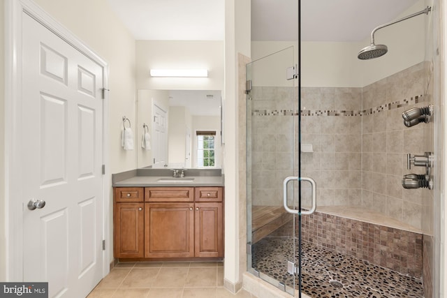 bathroom featuring tile patterned floors, vanity, and an enclosed shower