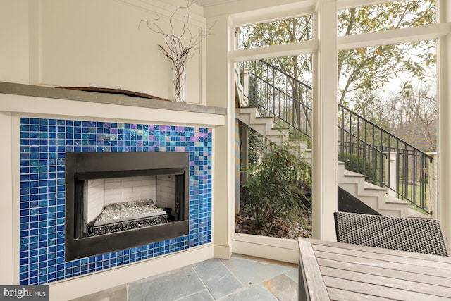 room details with a tiled fireplace