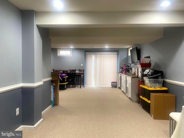 basement with light carpet