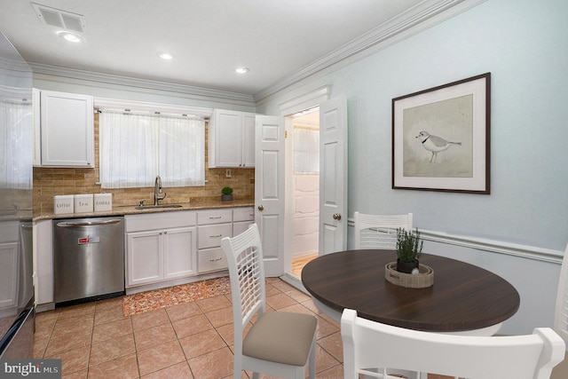 kitchen featuring white cabinets, decorative backsplash, stainless steel dishwasher, and sink