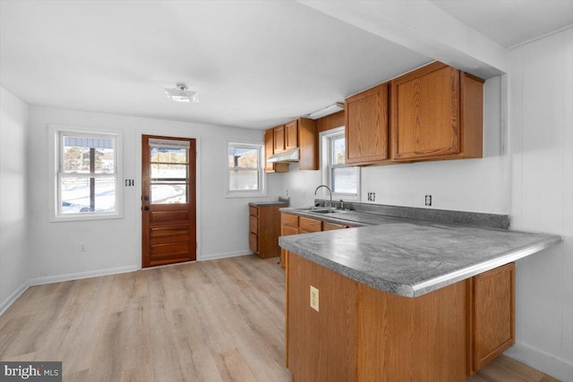 kitchen featuring kitchen peninsula, light hardwood / wood-style floors, plenty of natural light, and sink