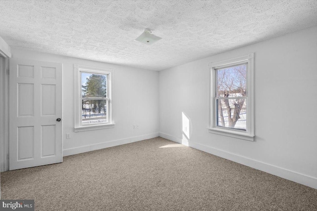 spare room with carpet flooring, a healthy amount of sunlight, and a textured ceiling