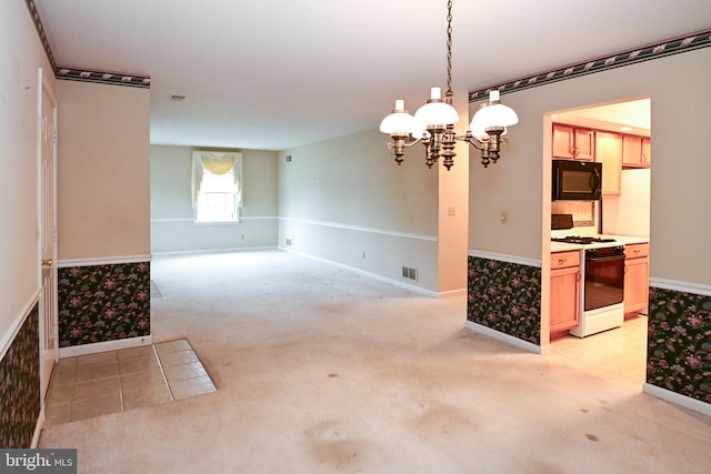 unfurnished dining area featuring light carpet and an inviting chandelier