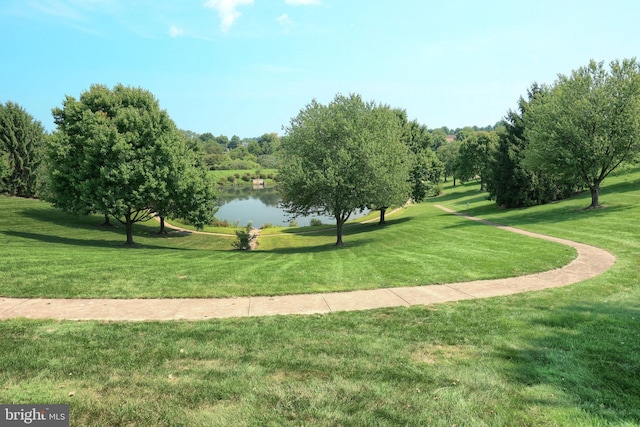 view of community featuring a water view and a yard