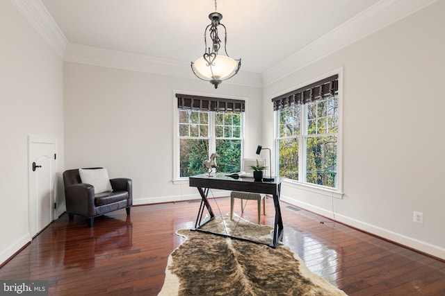 office area featuring dark wood-type flooring and ornamental molding