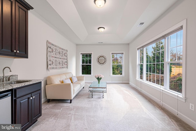 carpeted living room featuring a raised ceiling and sink